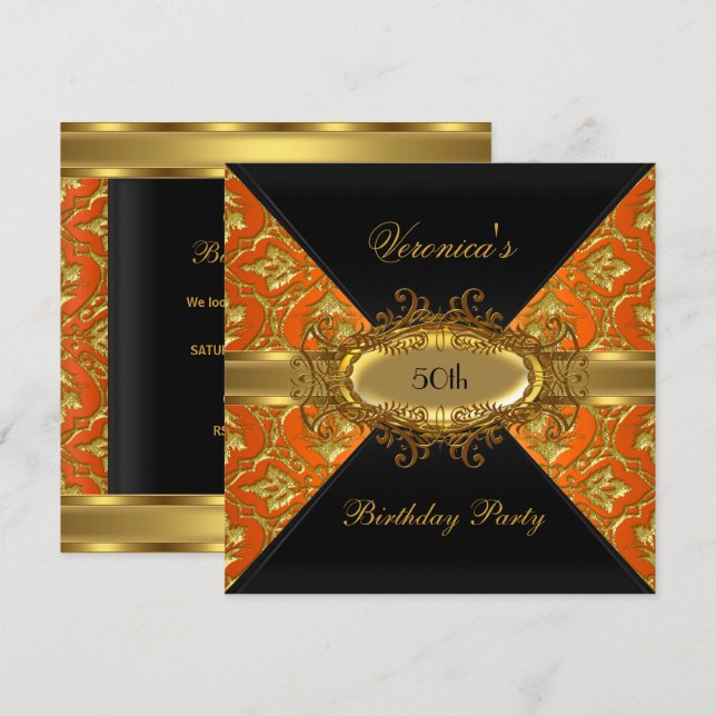 50th Birthday Party Orange Gold Black Damask Invitation (Front/Back)