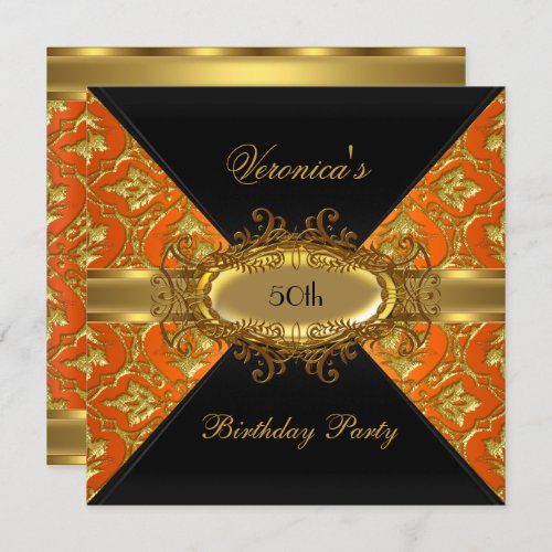50th Birthday Party Orange Gold Black Damask Invitation