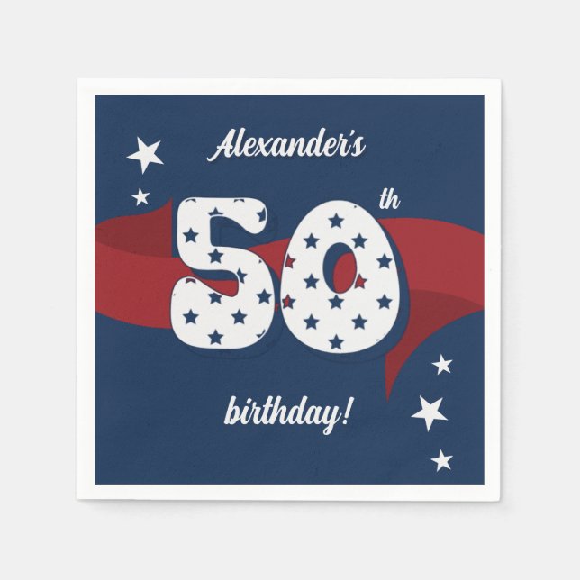 50th Birthday Party Patriotic Red White Blue Stars Napkins (Front)
