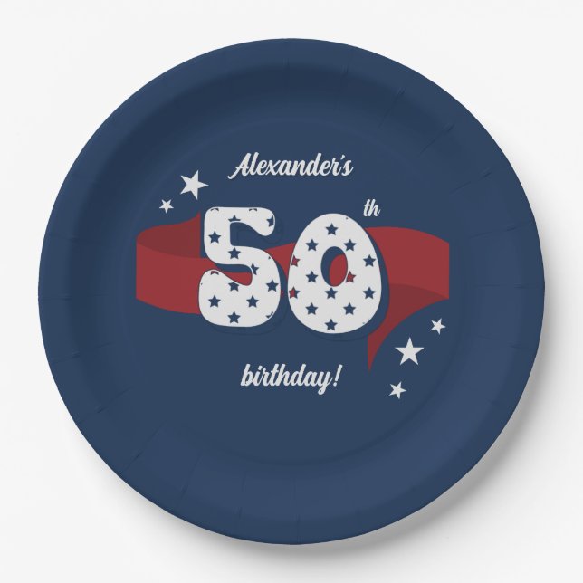50th Birthday Party Patriotic Red White Blue Stars Paper Plates (Front)