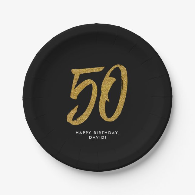 50th birthday party personalized gold paper plates (Front)