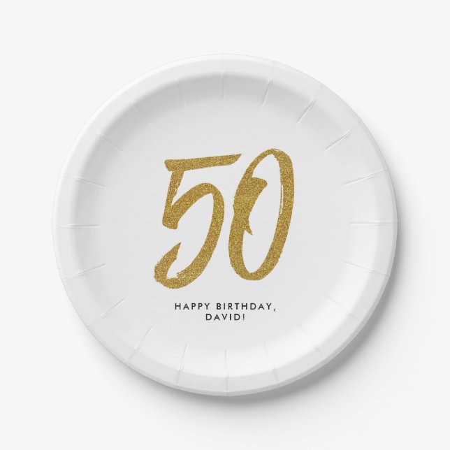 50th birthday party personalized gold white paper plates (Front)