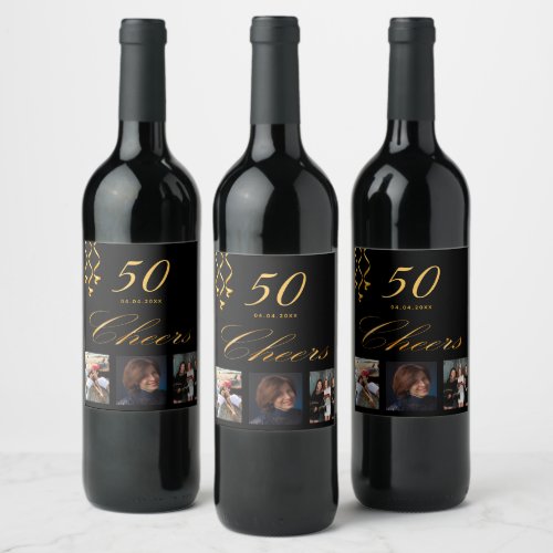 50th birthday party photo black gold cheers script wine label
