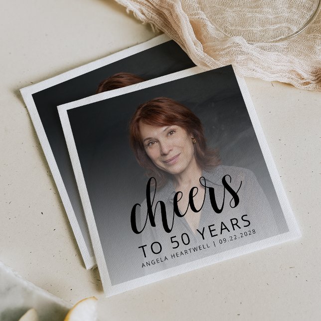 50th Birthday Party Photo Black Script Cheers Napkins (Creator Uploaded)