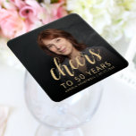 50th Birthday Party Photo Cheers Square Paper Coaster<br><div class="desc">This custom 50th birthday paper coaster features the guest of honor's personalized photo,  name,  and birthday,  along with the word "Cheers" in elegant gold-colored calligraphy script. A dark screen helps make the text pop. A great way to celebrate someone who's turning fifty!</div>