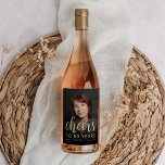 50th Birthday Party Photo Cheers Wine Label<br><div class="desc">This custom 50th birthday wine label features the guest of honor's personalized photo,  name,  and birthday,  along with the word "Cheers" in elegant gold-colored calligraphy script. A dark screen helps make the text pop. A great way to celebrate someone who's turning fifty!</div>