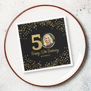 50th Birthday Party Photo Chic Black Gold Glitter Napkins