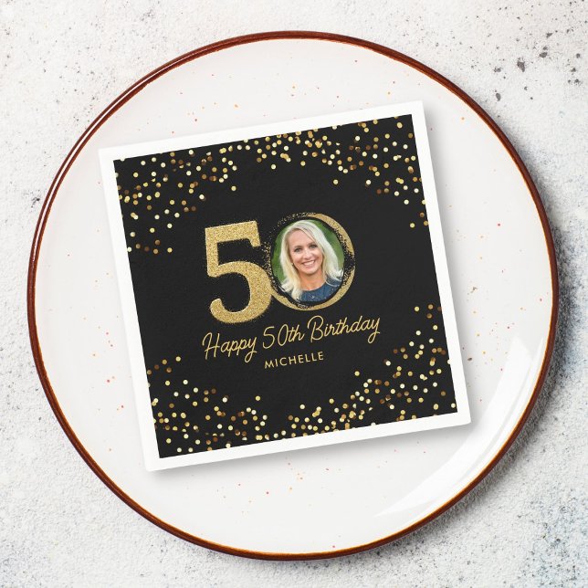 50th Birthday Party Photo Chic Black Gold Glitter Napkins (Creator Uploaded)