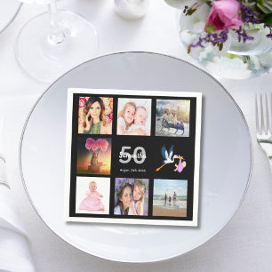 50th birthday party photo collage black napkins