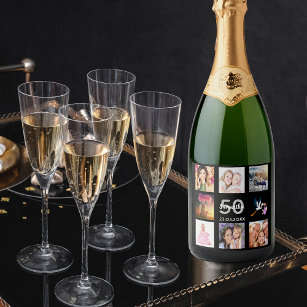 50th birthday party photo collage black sparkling wine label