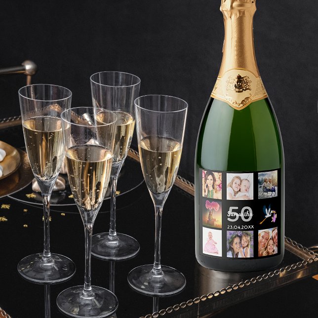 50th birthday party photo collage black sparkling wine label (Creator Uploaded)