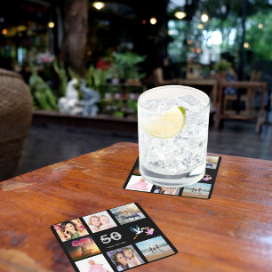 50th birthday party photo collage black square paper coaster