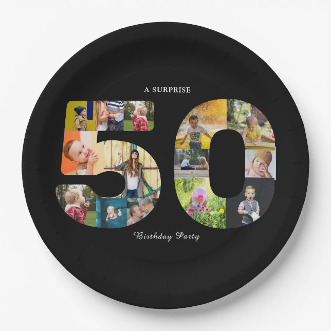 50th Birthday Party Photo Collage Black White Paper Plates (Front)