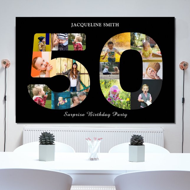 50th Birthday Party Photo Collage Black White Poster (50th birthday party poster in black with custom photo collage template in the "5" and "0".)