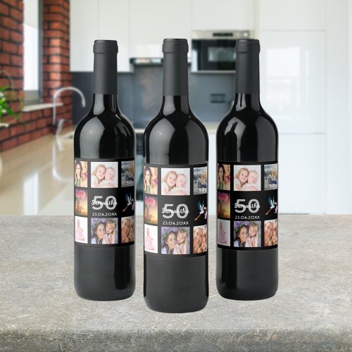 50th birthday party photo collage black wine label