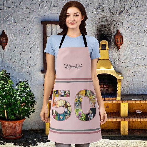 50th Birthday Party Photo Collage Dusty Blush Pink Apron