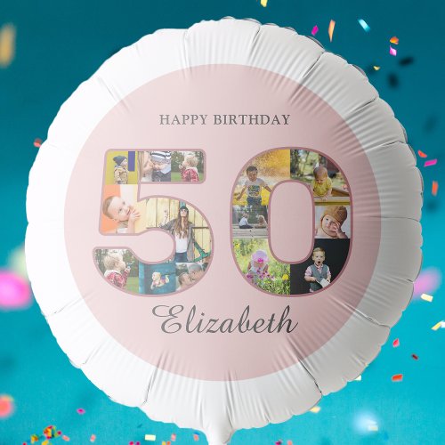 50th Birthday Party Photo Collage Dusty Blush Pink Balloon
