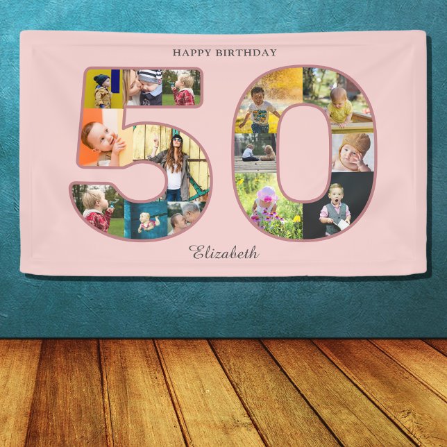 50th Birthday Party Photo Collage Dusty Blush Pink Banner (Blush dusty pink 50th birthday party banner with photo collage.)
