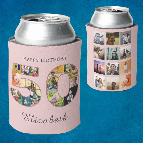 50th Birthday Party Photo Collage Dusty Blush Pink Can Cooler