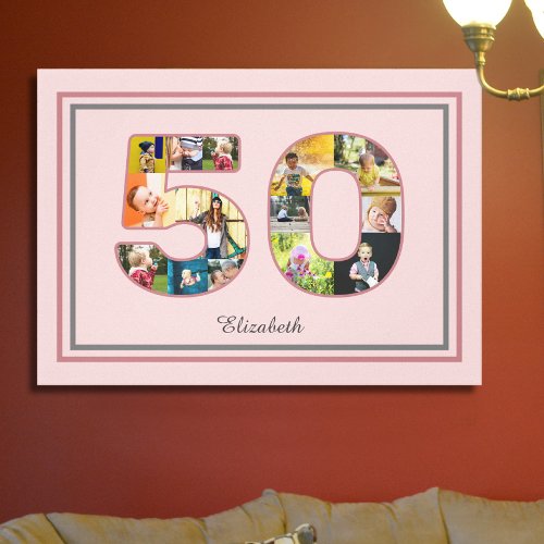 50th Birthday Party Photo Collage Dusty Blush Pink Canvas Print