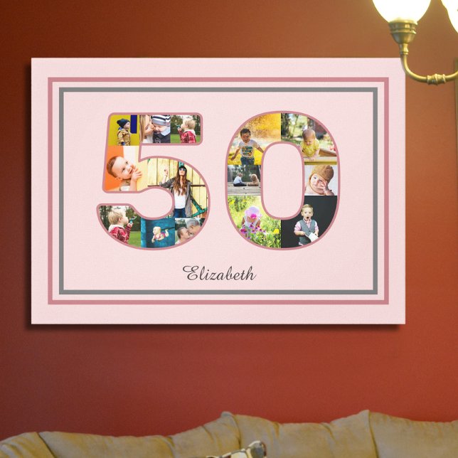 50th Birthday Party Photo Collage Dusty Blush Pink Canvas Print (50th birthday photo canvas in dusty blush pink. )