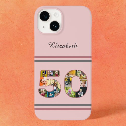 50th Birthday Party Photo Collage Dusty Blush Pink Case_Mate iPhone 14 Case