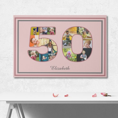 50th Birthday Party Photo Collage Dusty Blush Pink Faux Canvas Print