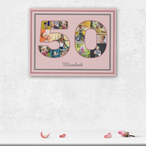 50th Birthday Party Photo Collage Dusty Blush Pink Faux Canvas Print