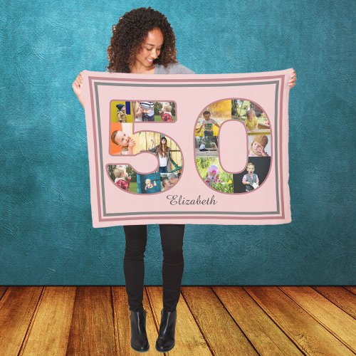 50th Birthday Party Photo Collage Dusty Blush Pink Fleece Blanket