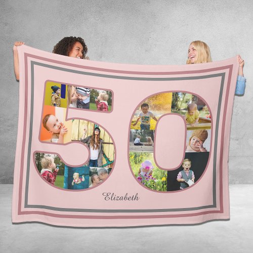 50th Birthday Party Photo Collage Dusty Blush Pink Fleece Blanket