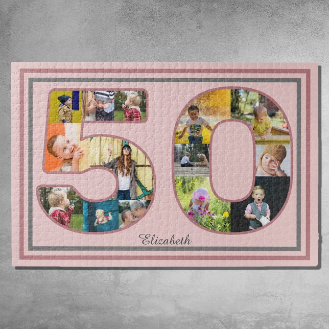 50th Birthday Party Photo Collage Dusty Blush Pink Jigsaw Puzzle (50th birthday jigsaw puzzle with photo collage template.)