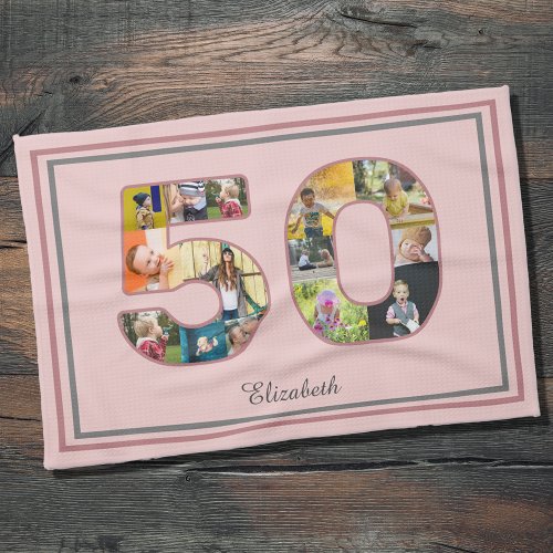 50th Birthday Party Photo Collage Dusty Blush Pink Kitchen Towel