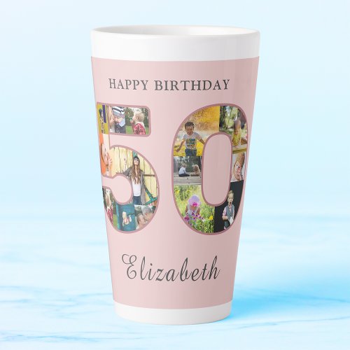50th Birthday Party Photo Collage Dusty Blush Pink Latte Mug