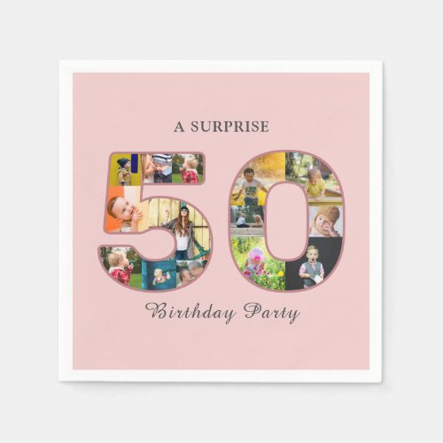 50th Birthday Party Photo Collage Dusty Blush Pink Napkins