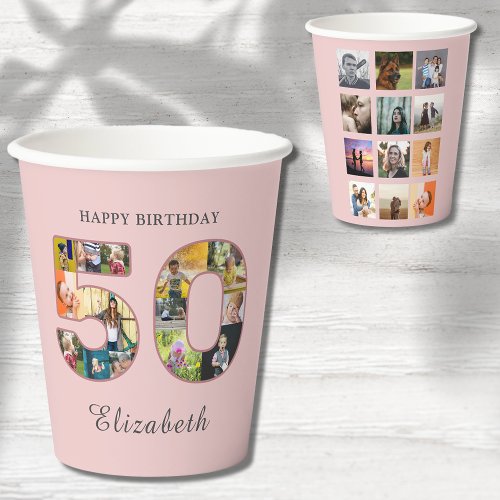50th Birthday Party Photo Collage Dusty Blush Pink Paper Cups