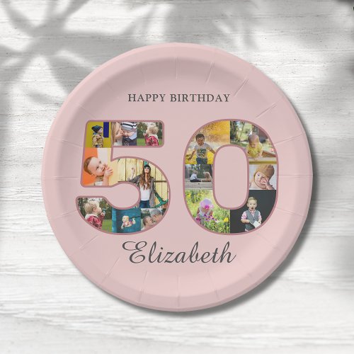 50th Birthday Party Photo Collage Dusty Blush Pink Paper Plates