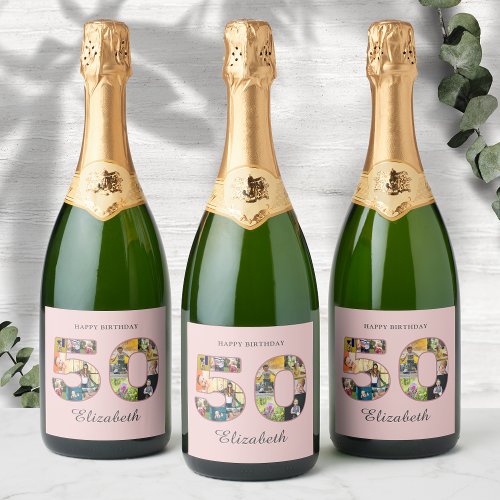 50th Birthday Party Photo Collage Dusty Blush Pink Sparkling Wine Label