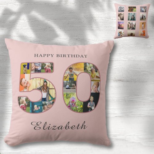 50th Birthday Party Photo Collage Dusty Blush Pink Throw Pillow