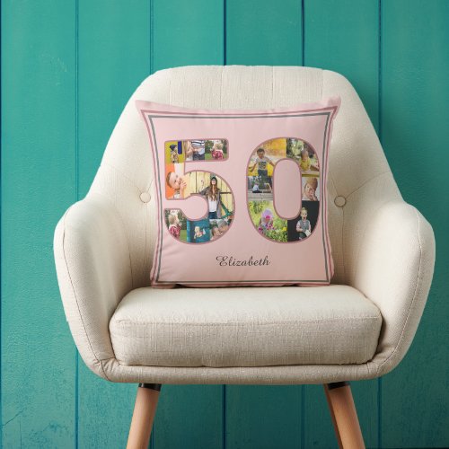 50th Birthday Party Photo Collage Dusty Blush Pink Throw Pillow
