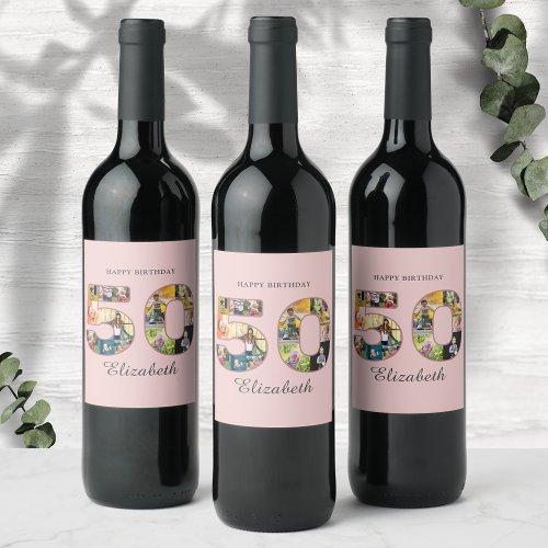 50th Birthday Party Photo Collage Dusty Blush Pink Wine Label
