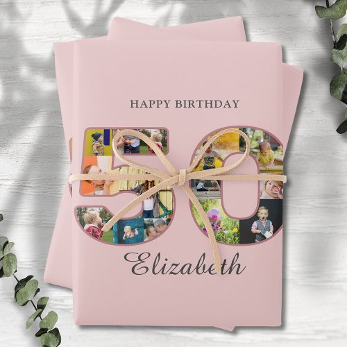 50th Birthday Party Photo Collage Dusty Blush Pink Wrapping Paper Sheets