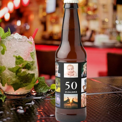 50th birthday party photo collage guy black beer bottle label