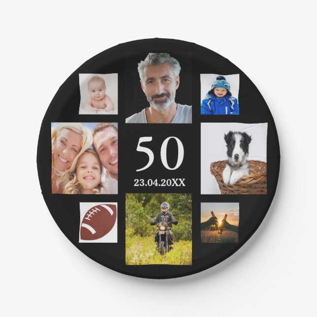 50th birthday party photo collage guy black paper plates (Front)