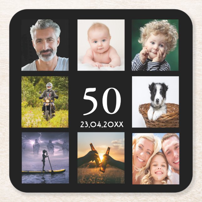 50th birthday party photo collage guy black square paper coaster (Front)