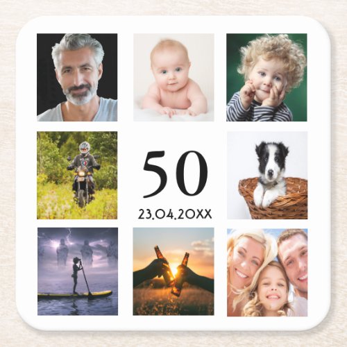 50th birthday party photo collage guy square paper coaster