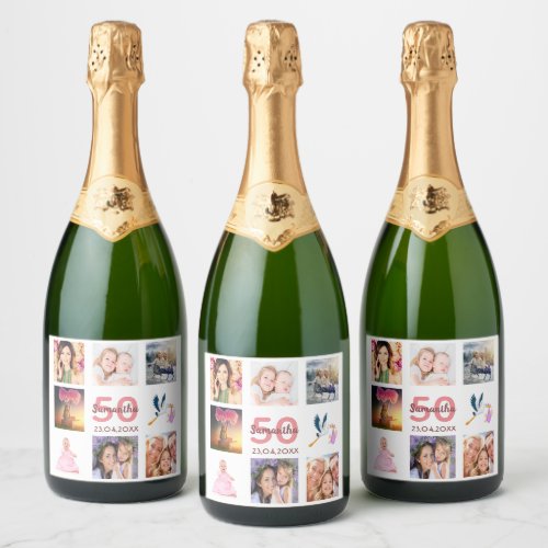 50th birthday party photo collage sparkling wine label