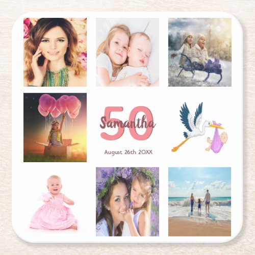 50th birthday party photo collage square paper coaster