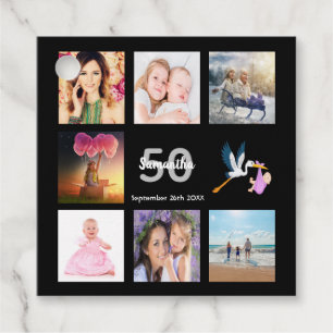 50th birthday party photo collage thank you black favor tags