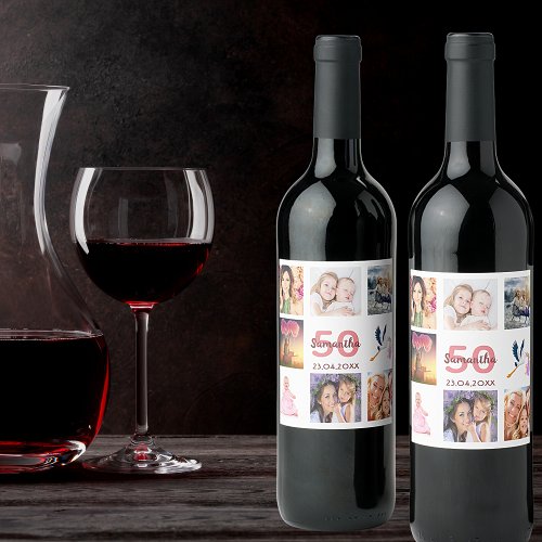50th birthday party photo collage wine label