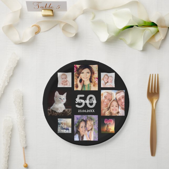 50th birthday party photo collage woman black paper plates (Wedding)